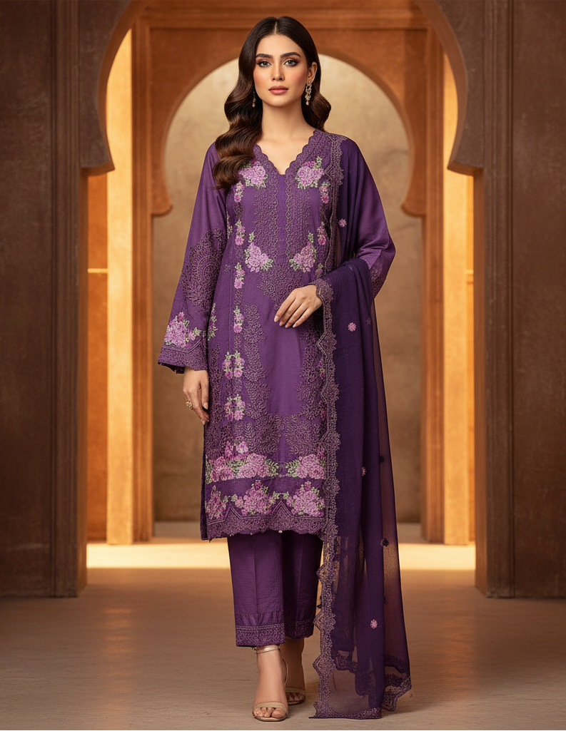 Deep Orchid Purple & Royal Cobalt Blue | Mughal Ornamental Styling on Soft Cotton | Luxury Pakistani Pret Suit