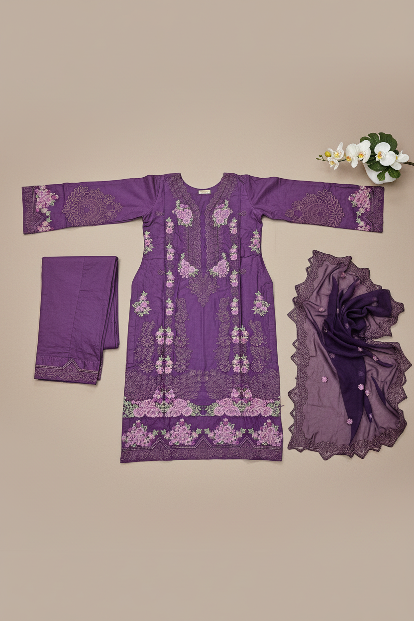 Deep Orchid Purple & Royal Cobalt Blue | Mughal Ornamental Styling on Soft Cotton | Luxury Pakistani Pret Suit