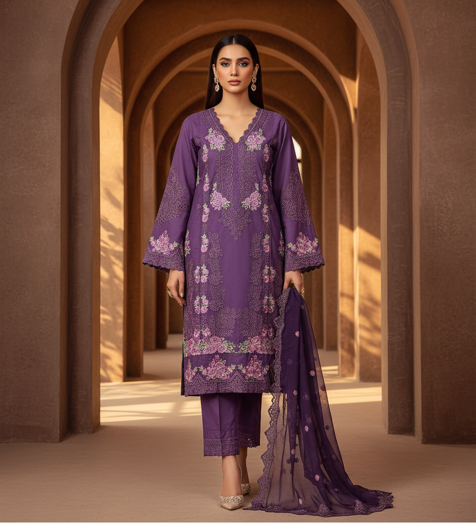 Deep Orchid Purple & Royal Cobalt Blue | Mughal Ornamental Styling on Soft Cotton | Luxury Pakistani Pret Suit