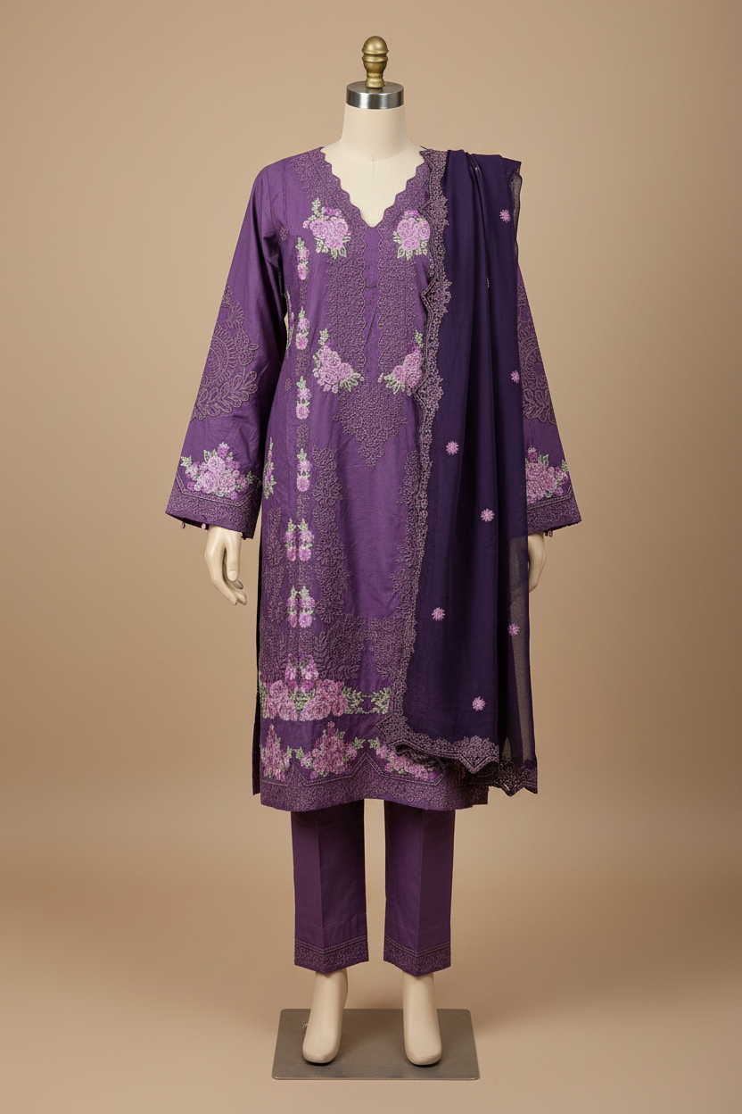Deep Orchid Purple & Royal Cobalt Blue | Mughal Ornamental Styling on Soft Cotton | Luxury Pakistani Pret Suit