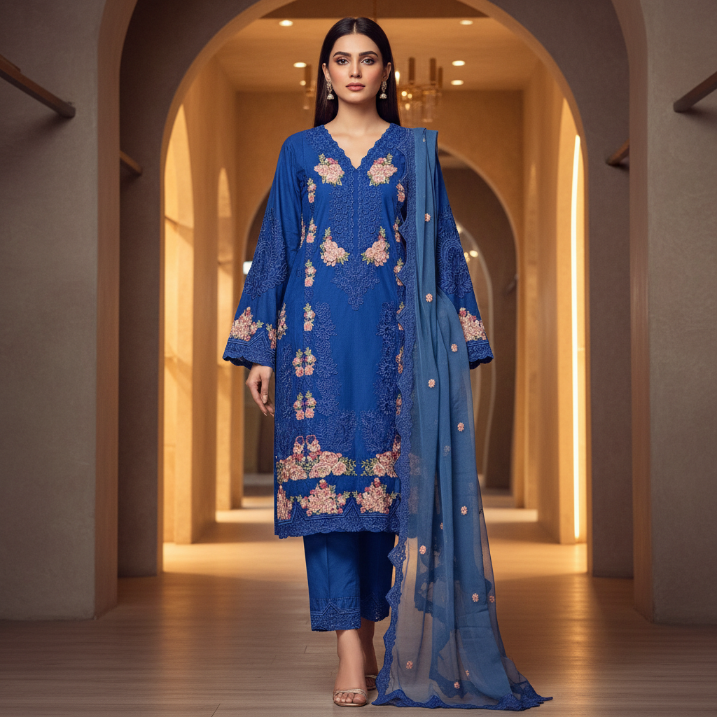 Deep Orchid Purple & Royal Cobalt Blue | Mughal Ornamental Styling on Soft Cotton | Luxury Pakistani Pret Suit