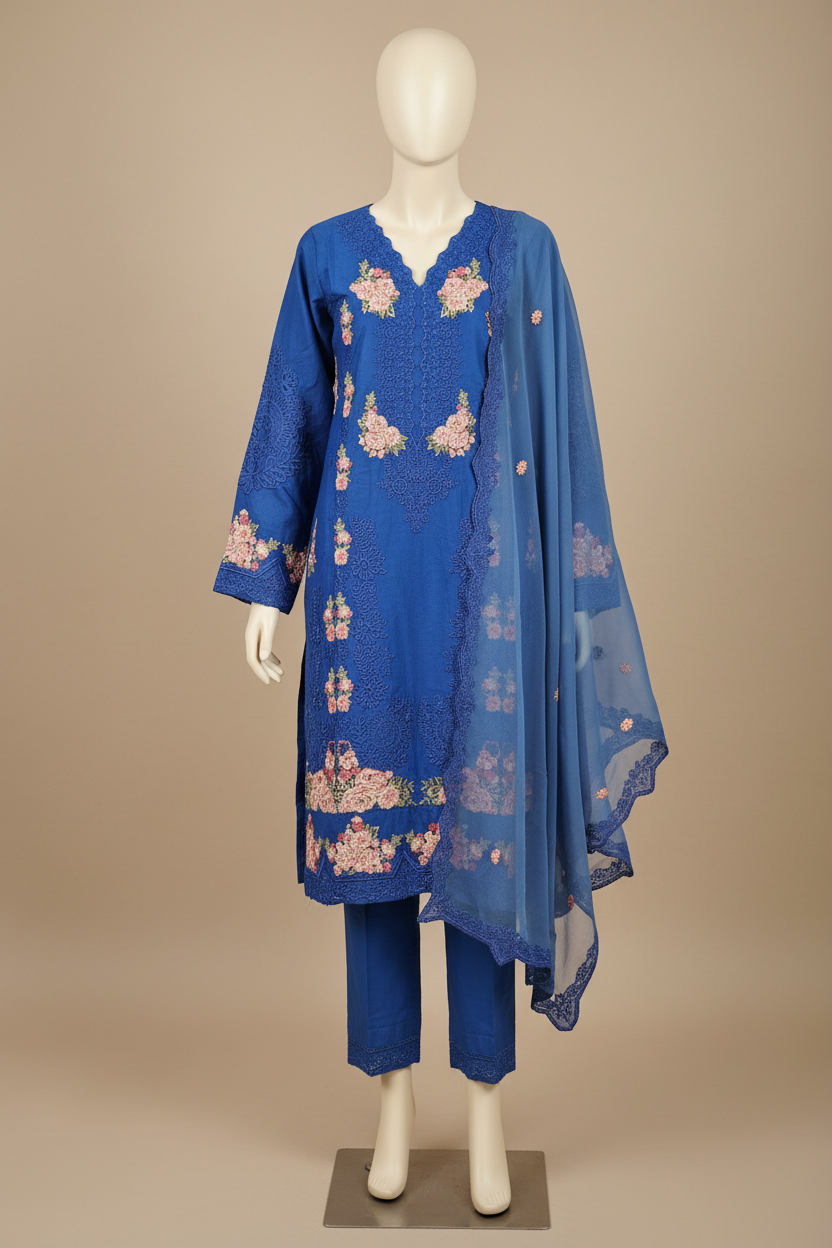 Deep Orchid Purple & Royal Cobalt Blue | Mughal Ornamental Styling on Soft Cotton | Luxury Pakistani Pret Suit