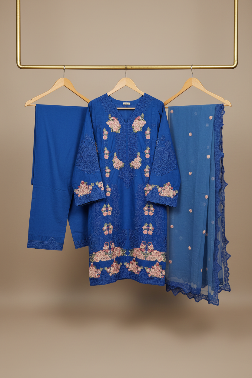 Deep Orchid Purple & Royal Cobalt Blue | Mughal Ornamental Styling on Soft Cotton | Luxury Pakistani Pret Suit
