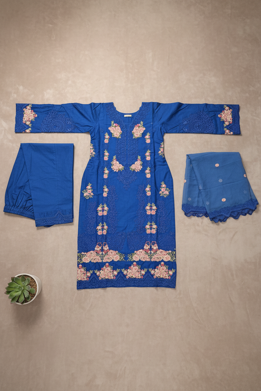 Deep Orchid Purple & Royal Cobalt Blue | Mughal Ornamental Styling on Soft Cotton | Luxury Pakistani Pret Suit