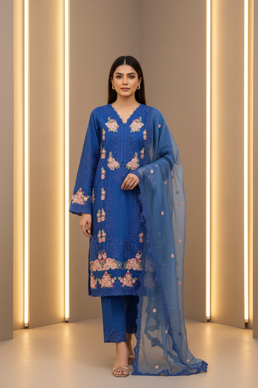 Deep Orchid Purple & Royal Cobalt Blue | Mughal Ornamental Styling on Soft Cotton | Luxury Pakistani Pret Suit