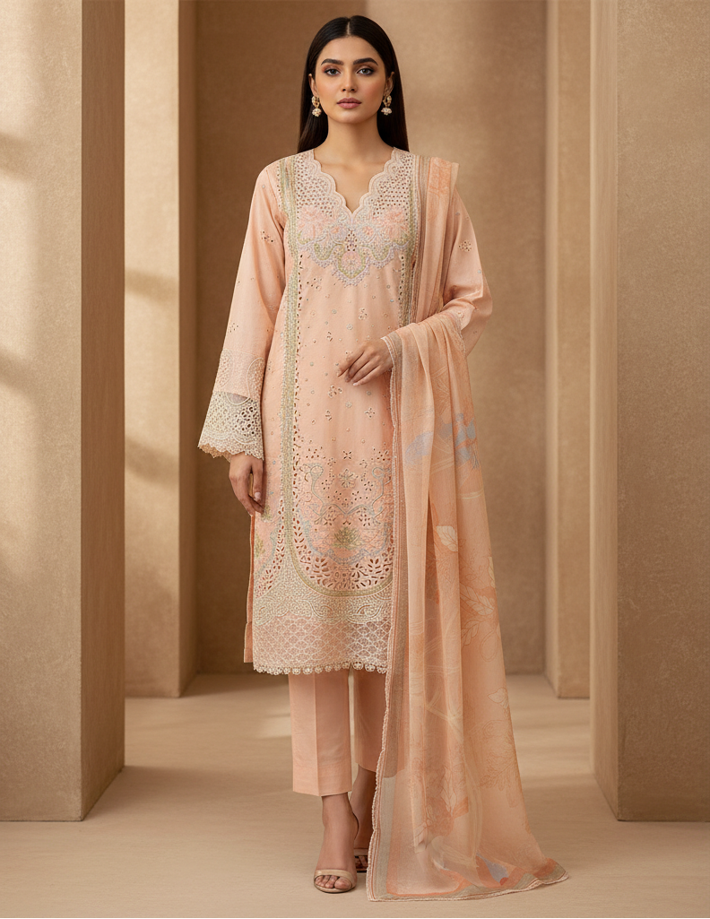 The Peach Blush Cutwork Edit | Architectural Lace & Laser‑Cut Embroidery on Soft Cotton | Soft Pastel Luxury – Where Cutwork Perforations Meet Floral Printed Dupatta | S to 8XL