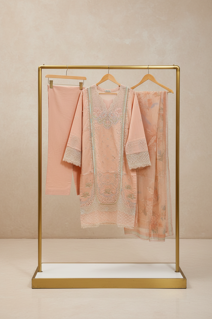 The Peach Blush Cutwork Edit | Architectural Lace & Laser‑Cut Embroidery on Soft Cotton | Soft Pastel Luxury – Where Cutwork Perforations Meet Floral Printed Dupatta | S to 8XL