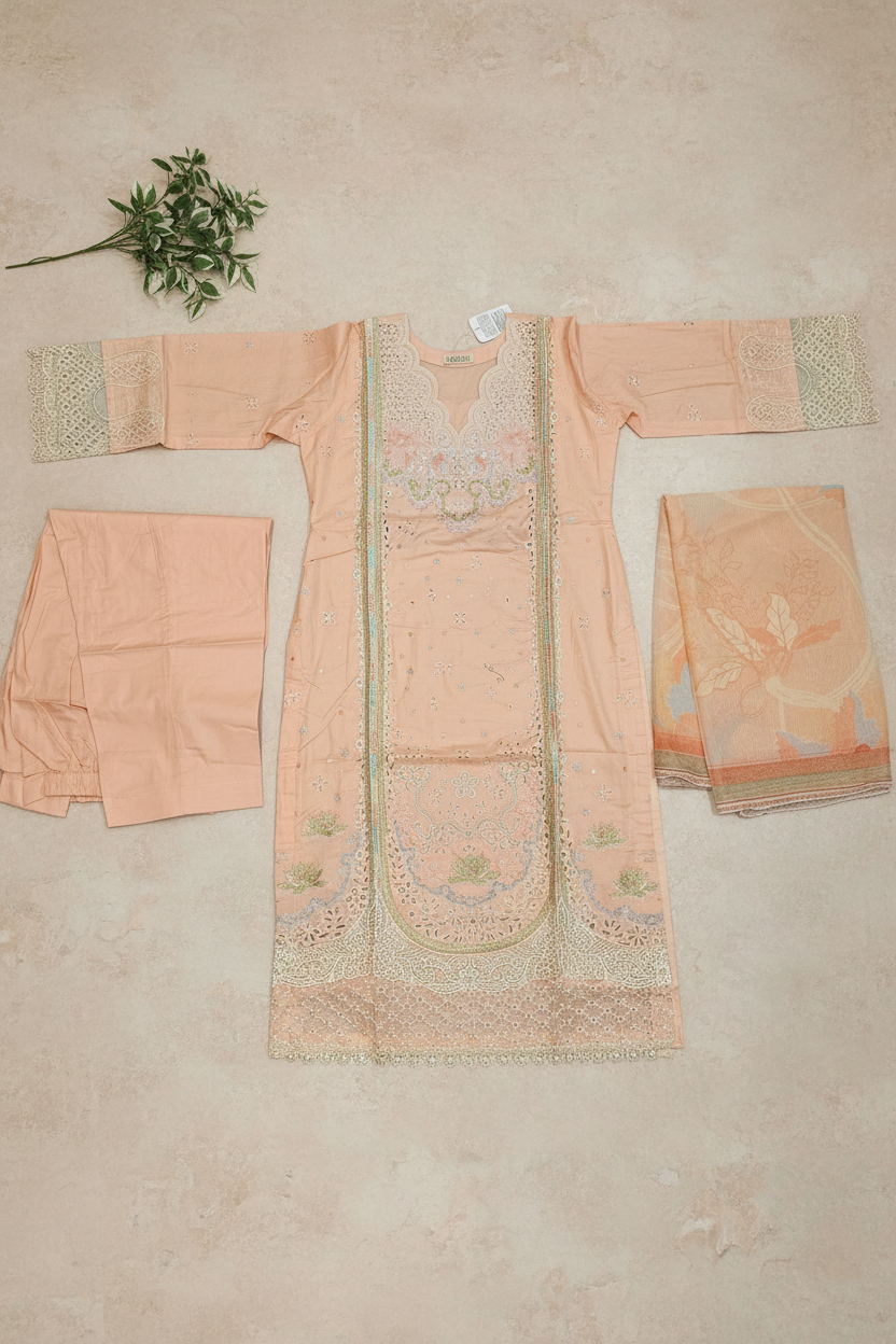 The Peach Blush Cutwork Edit | Architectural Lace & Laser‑Cut Embroidery on Soft Cotton | Soft Pastel Luxury – Where Cutwork Perforations Meet Floral Printed Dupatta | S to 8XL