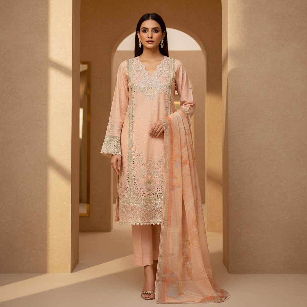 The Peach Blush Cutwork Edit | Architectural Lace & Laser‑Cut Embroidery on Soft Cotton | Soft Pastel Luxury – Where Cutwork Perforations Meet Floral Printed Dupatta | S to 8XL