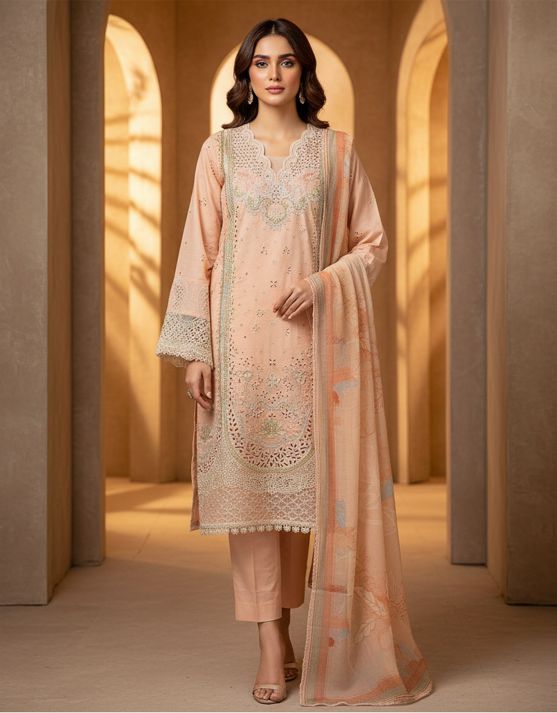 The Peach Blush Cutwork Edit | Architectural Lace & Laser‑Cut Embroidery on Soft Cotton | Soft Pastel Luxury – Where Cutwork Perforations Meet Floral Printed Dupatta | S to 8XL