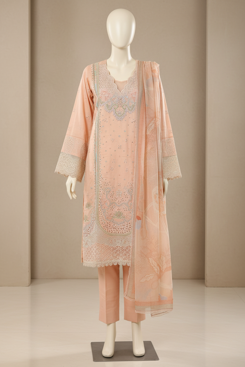 The Peach Blush Cutwork Edit | Architectural Lace & Laser‑Cut Embroidery on Soft Cotton | Soft Pastel Luxury – Where Cutwork Perforations Meet Floral Printed Dupatta | S to 8XL