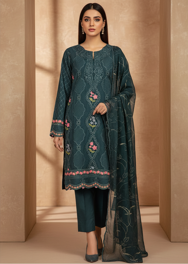 The Teal Lattice Edit – Where Floral Vines Meet Scalloped Borders on Linen | Elegant, Feminine & Semi‑Formal – Your New Favourite Boutique Pret in Deep Teal