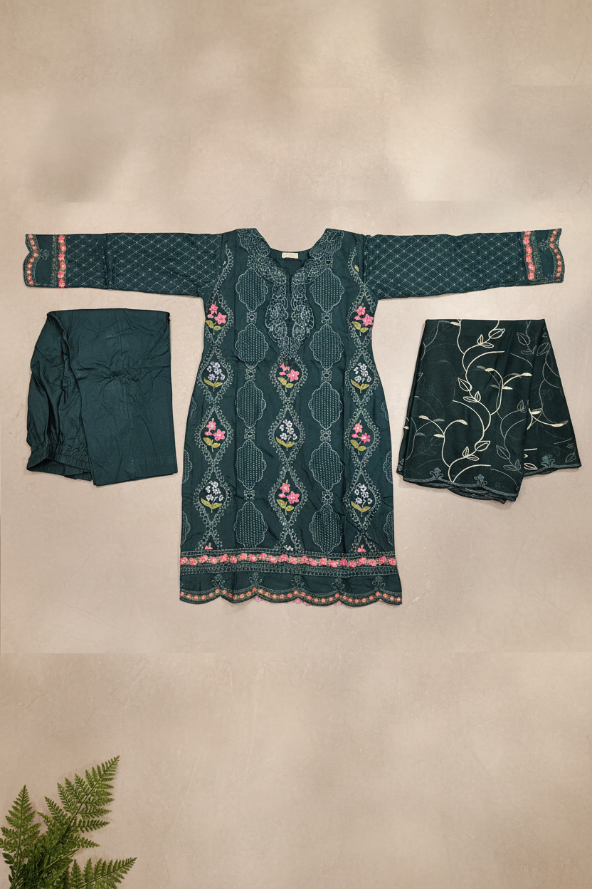 The Teal Lattice Edit – Where Floral Vines Meet Scalloped Borders on Linen | Elegant, Feminine & Semi‑Formal – Your New Favourite Boutique Pret in Deep Teal