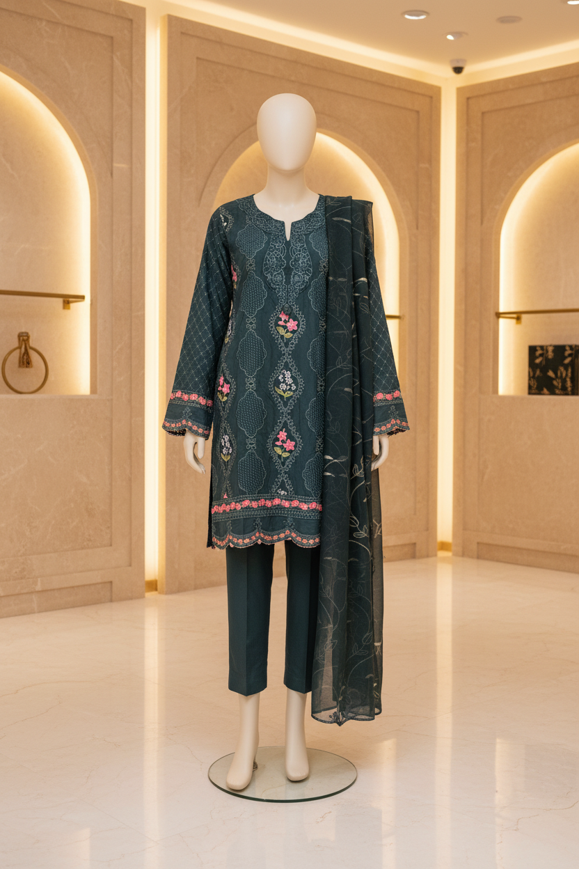 The Teal Lattice Edit – Where Floral Vines Meet Scalloped Borders on Linen | Elegant, Feminine & Semi‑Formal – Your New Favourite Boutique Pret in Deep Teal