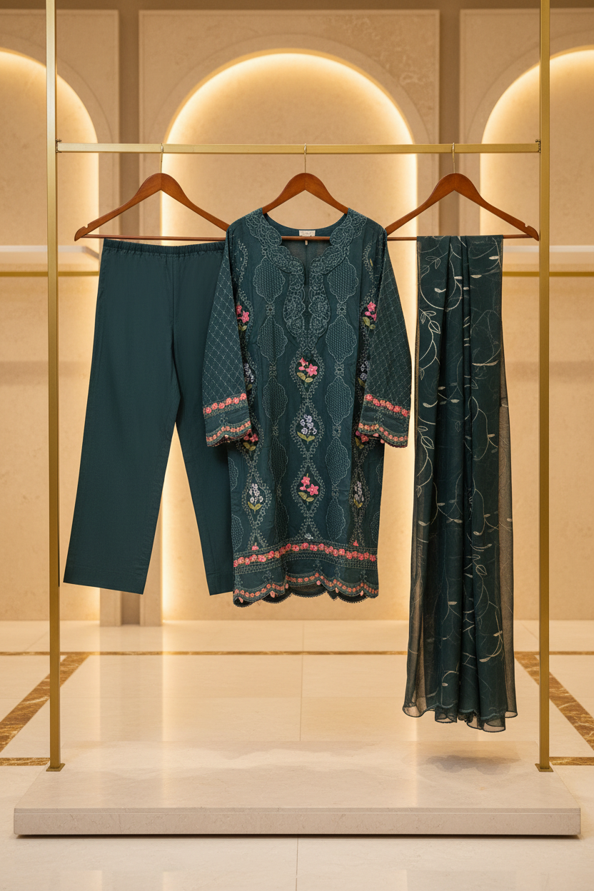 The Teal Lattice Edit – Where Floral Vines Meet Scalloped Borders on Linen | Elegant, Feminine & Semi‑Formal – Your New Favourite Boutique Pret in Deep Teal