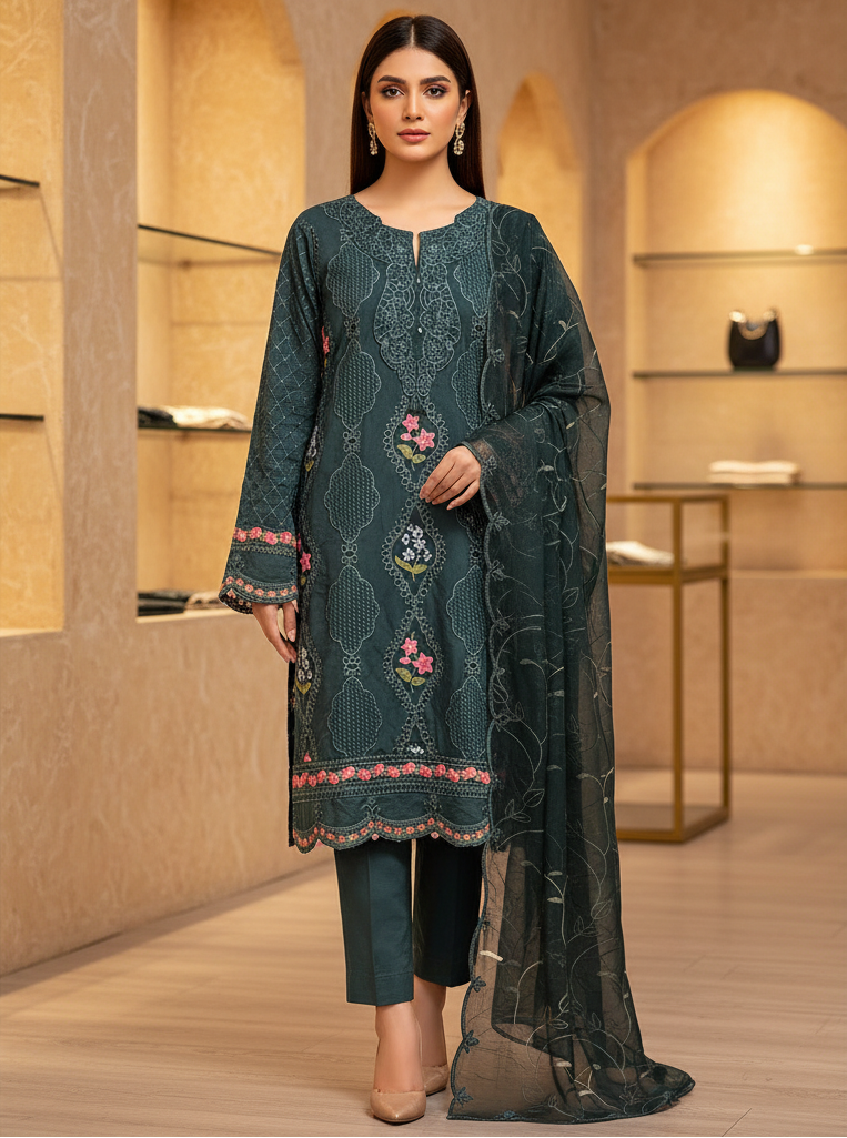 The Teal Lattice Edit – Where Floral Vines Meet Scalloped Borders on Linen | Elegant, Feminine & Semi‑Formal – Your New Favourite Boutique Pret in Deep Teal