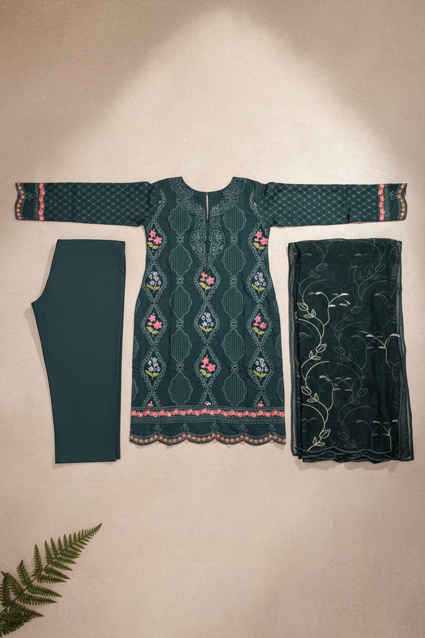 The Teal Lattice Edit – Where Floral Vines Meet Scalloped Borders on Linen | Elegant, Feminine & Semi‑Formal – Your New Favourite Boutique Pret in Deep Teal