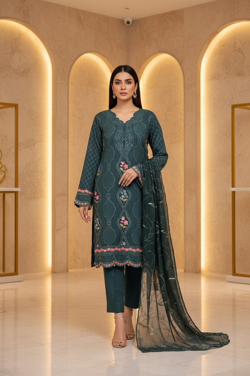 The Teal Lattice Edit – Where Floral Vines Meet Scalloped Borders on Linen | Elegant, Feminine & Semi‑Formal – Your New Favourite Boutique Pret in Deep Teal