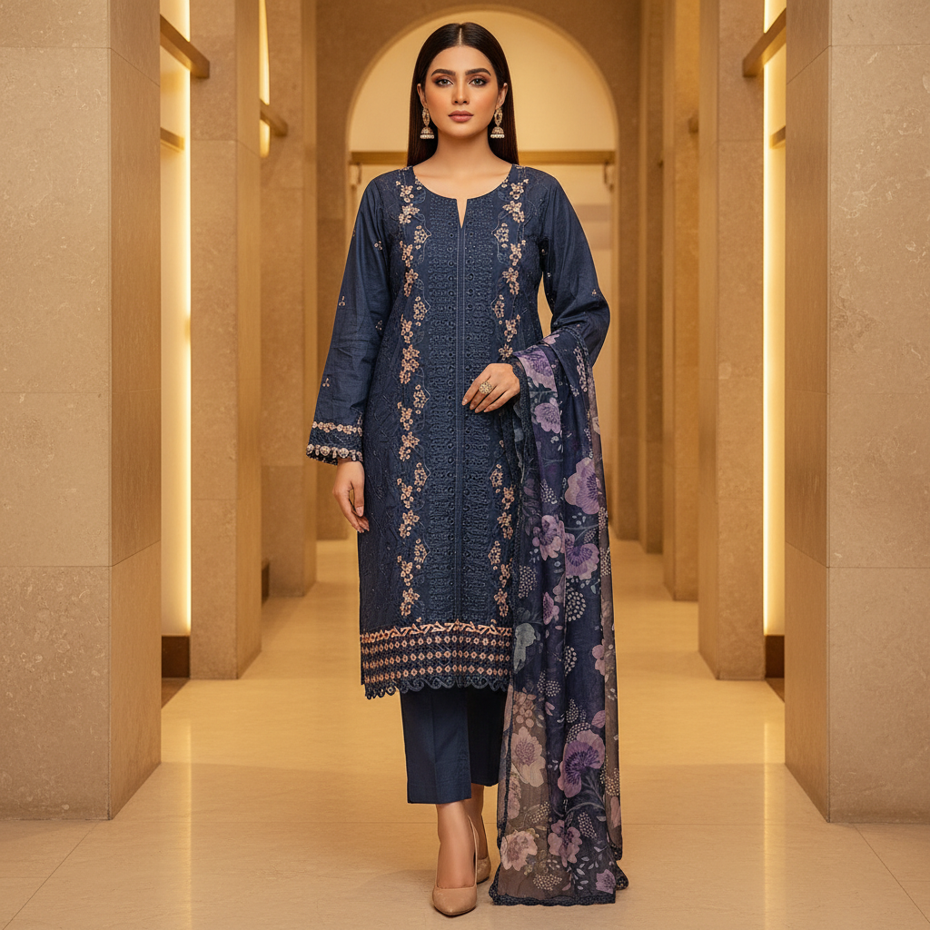 QMR Deep Teal Precision: Laser Cut Chikan & Thread Embroidered Kameez | Digital Printed Silk Dupatta | Festive Semi Formal Suit | M to 8XL