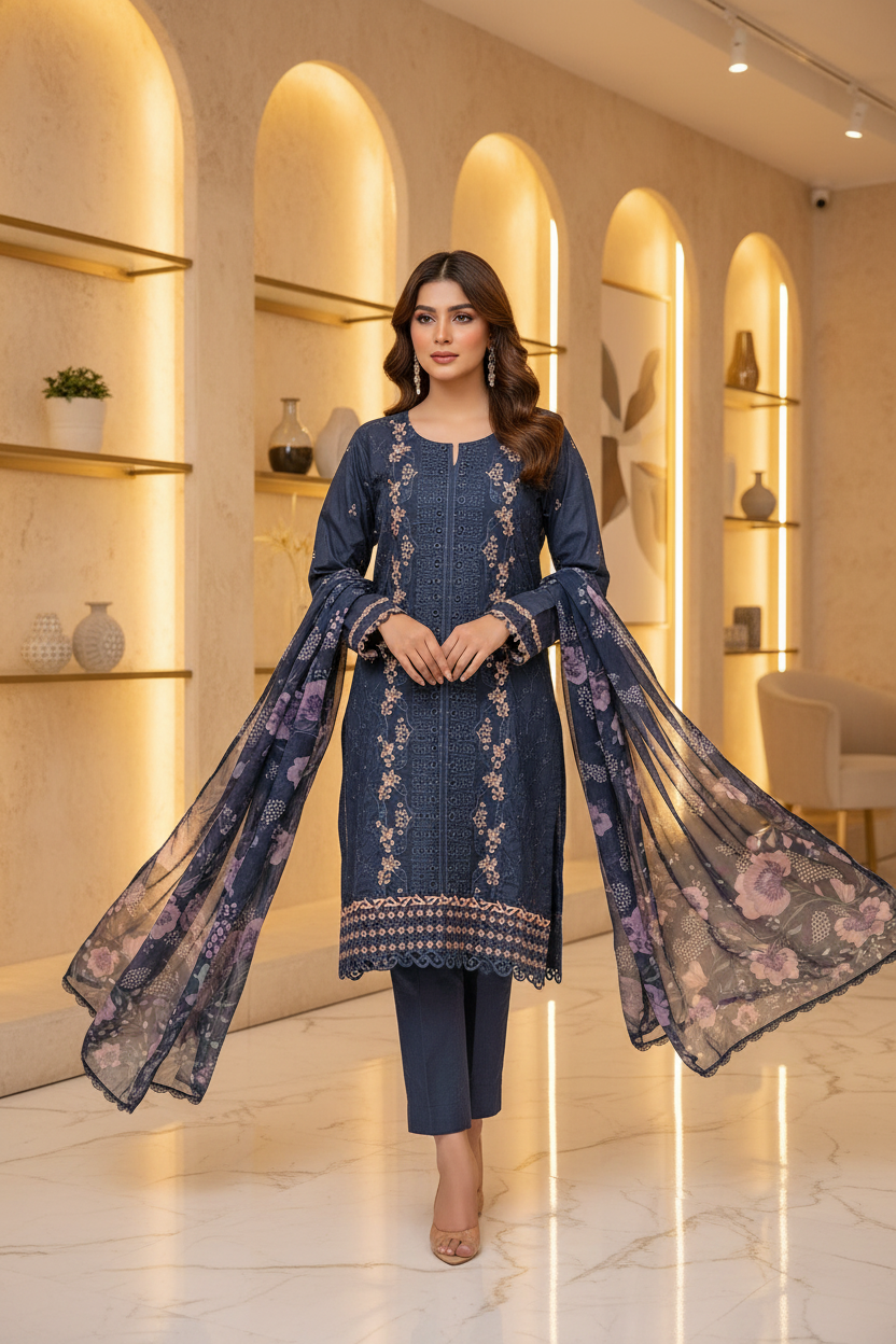 QMR Deep Teal Precision: Laser Cut Chikan & Thread Embroidered Kameez | Digital Printed Silk Dupatta | Festive Semi Formal Suit | M to 8XL