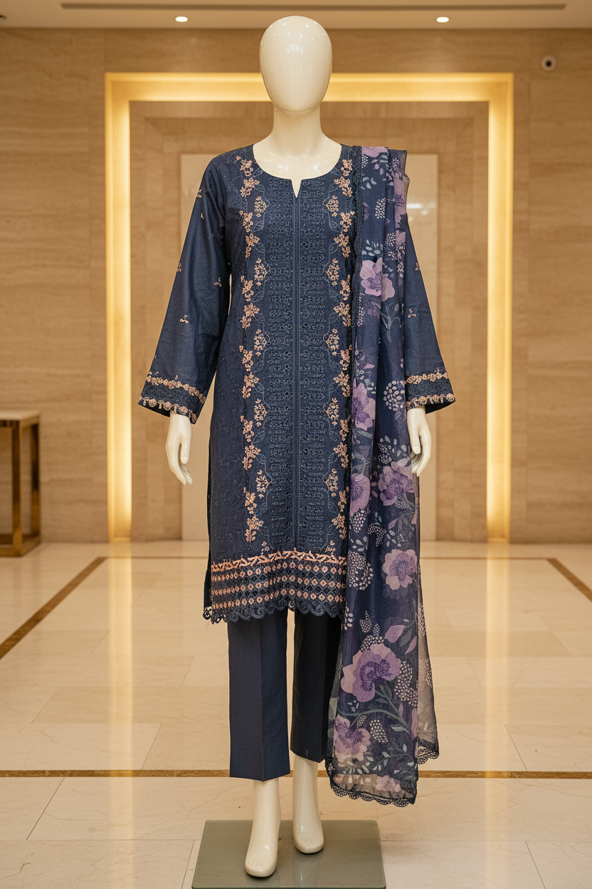 QMR Deep Teal Precision: Laser Cut Chikan & Thread Embroidered Kameez | Digital Printed Silk Dupatta | Festive Semi Formal Suit | M to 8XL
