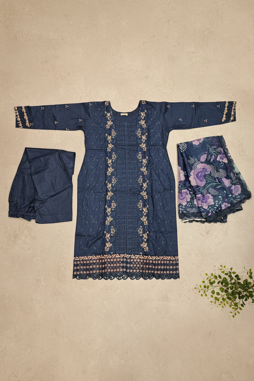 QMR Deep Teal Precision: Laser Cut Chikan & Thread Embroidered Kameez | Digital Printed Silk Dupatta | Festive Semi Formal Suit | M to 8XL