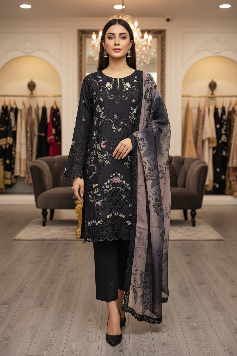 MB Zariya | Black Cotton Suit | Laser-Cut Embroidery & Printed Lace Dupatta