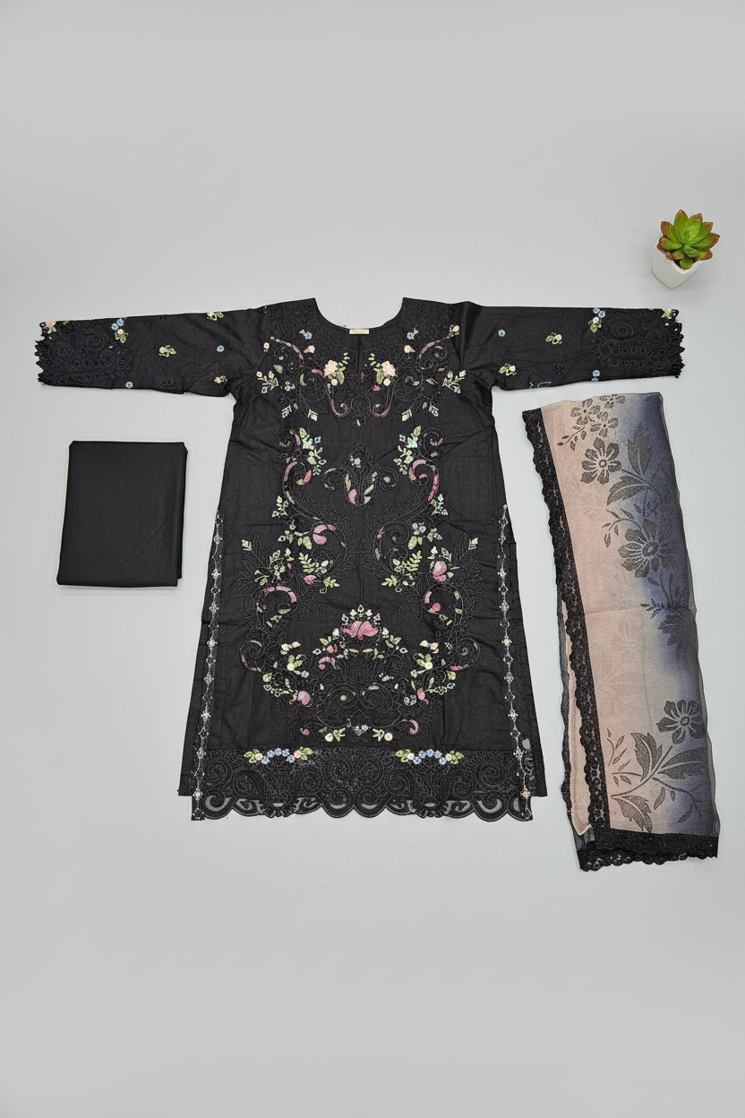 MB Zariya | Black Cotton Suit | Laser-Cut Embroidery & Printed Lace Dupatta
