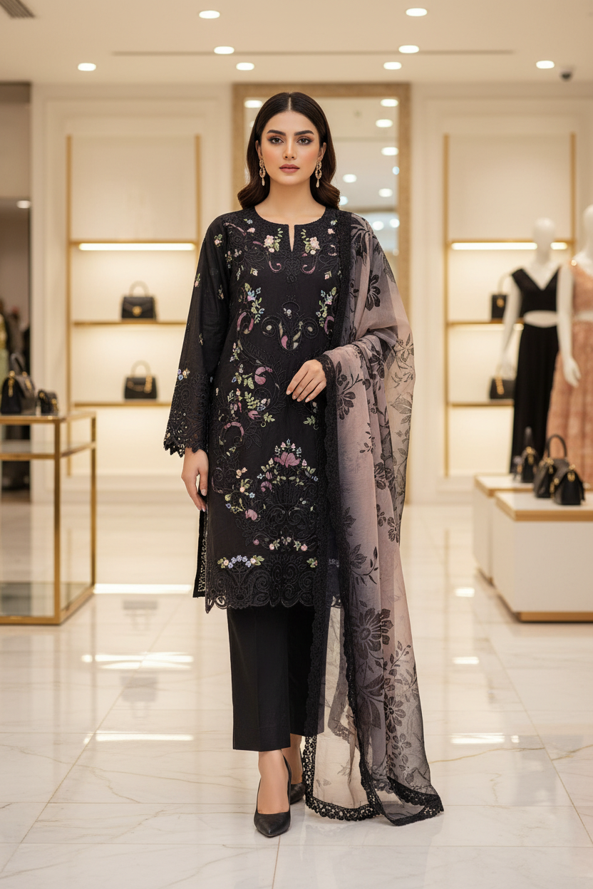 MB Zariya | Black Cotton Suit | Laser-Cut Embroidery & Printed Lace Dupatta