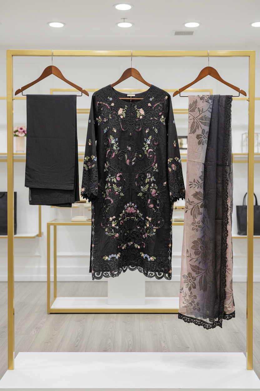 MB Zariya | Black Cotton Suit | Laser-Cut Embroidery & Printed Lace Dupatta
