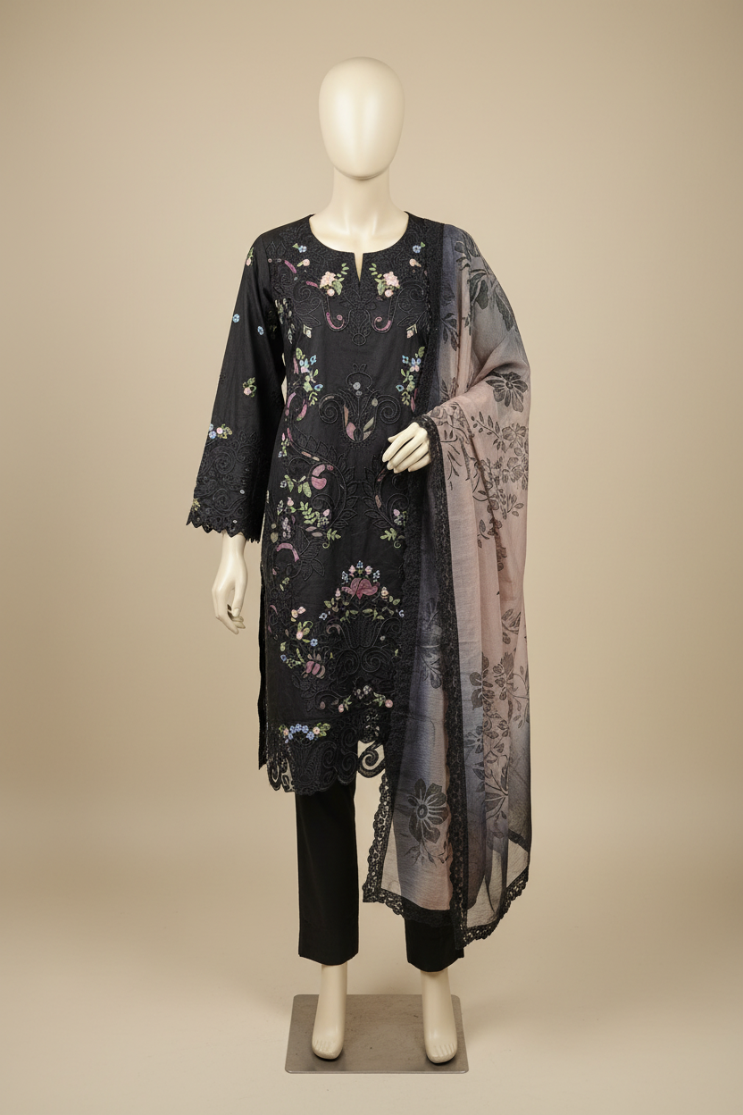 MB Zariya | Black Cotton Suit | Laser-Cut Embroidery & Printed Lace Dupatta