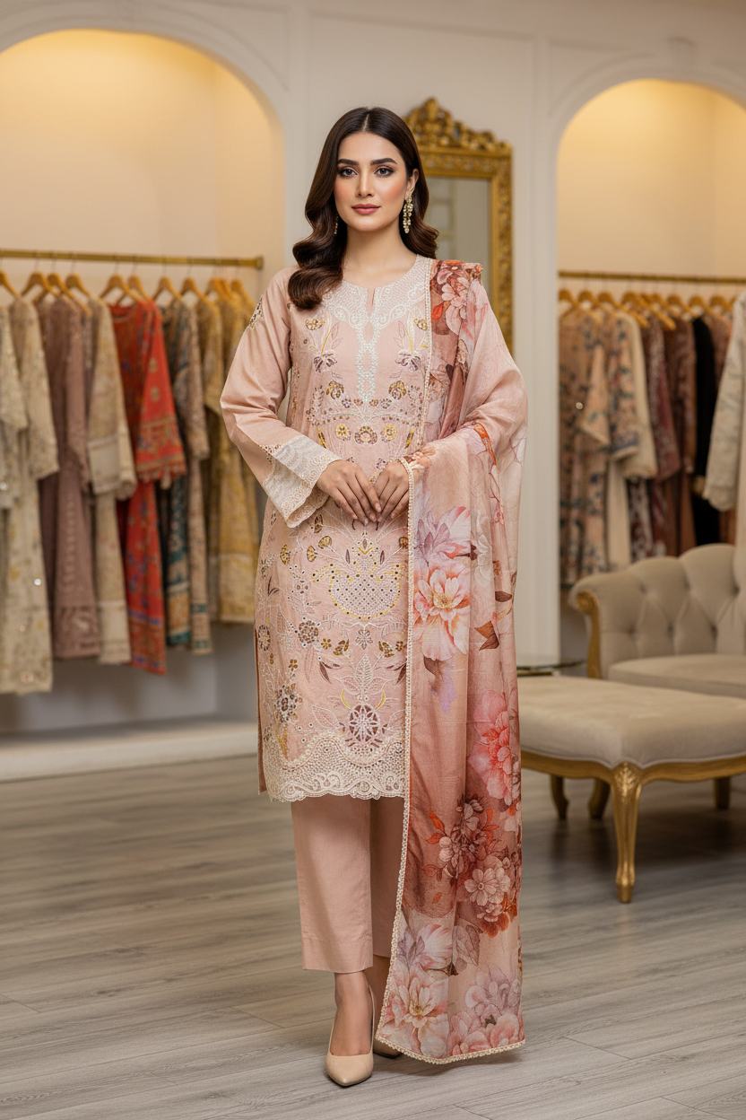 QMR Rosé Edit | Designer Peach Cotton Shalwar Kameez | Threadwork & Lace Finish