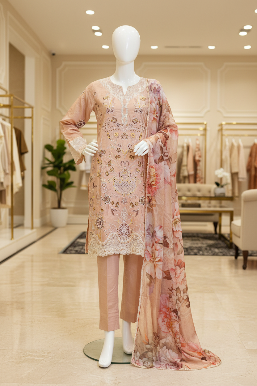 QMR Rosé Edit | Designer Peach Cotton Shalwar Kameez | Threadwork & Lace Finish