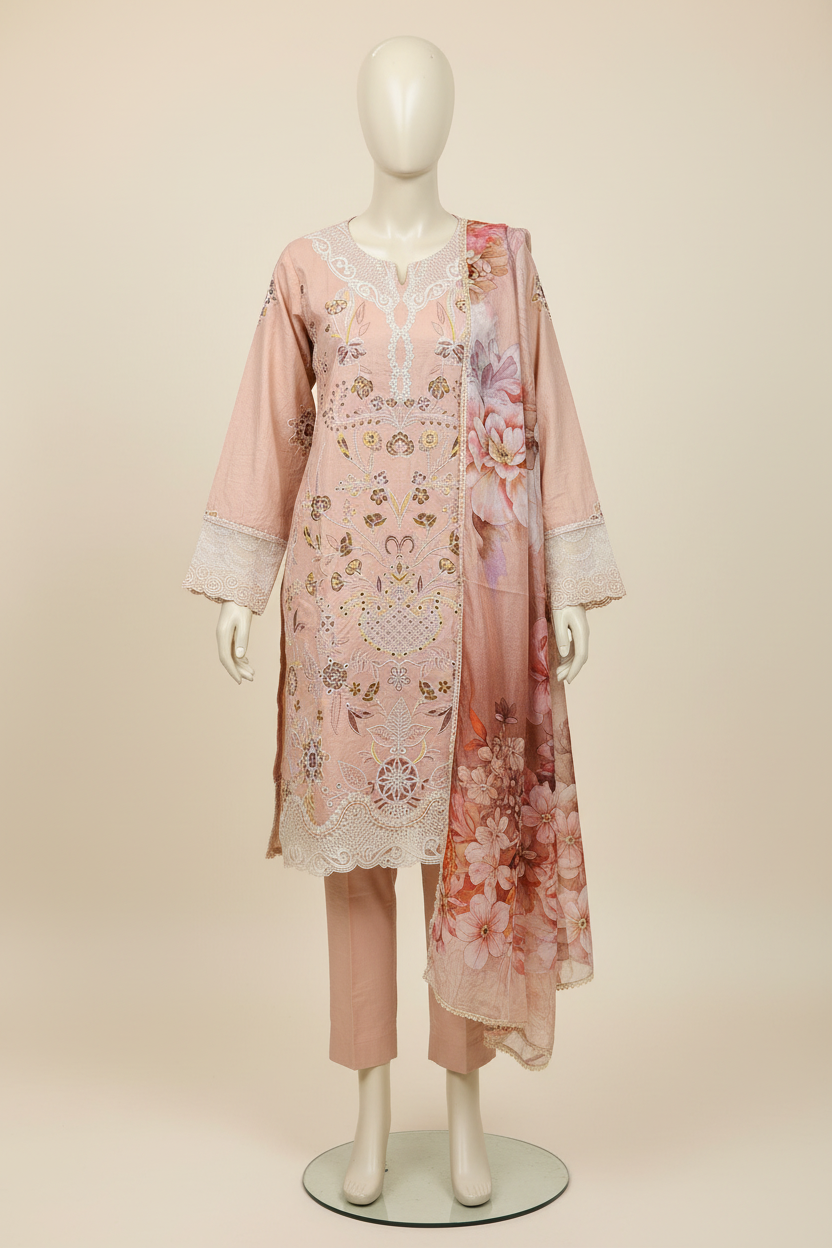 QMR Rosé Edit | Designer Peach Cotton Shalwar Kameez | Threadwork & Lace Finish