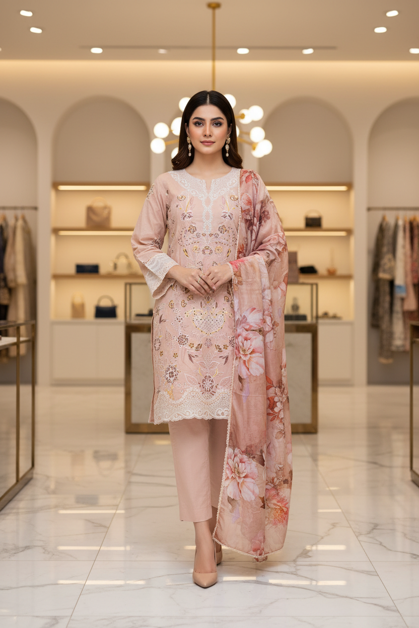 QMR Rosé Edit | Designer Peach Cotton Shalwar Kameez | Threadwork & Lace Finish