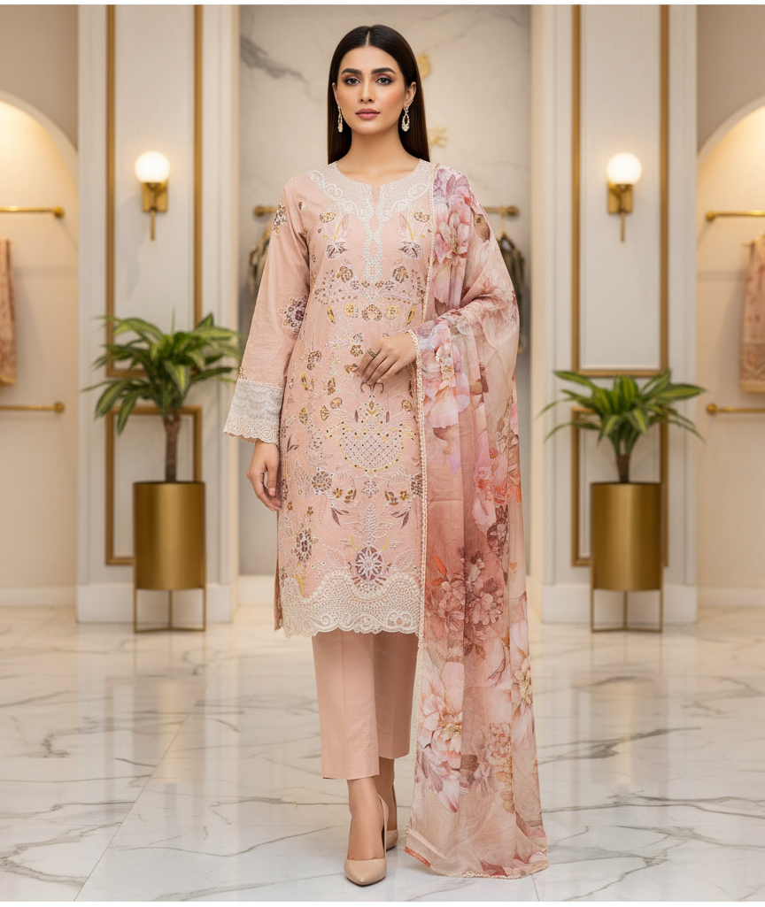 QMR Rosé Edit | Designer Peach Cotton Shalwar Kameez | Threadwork & Lace Finish