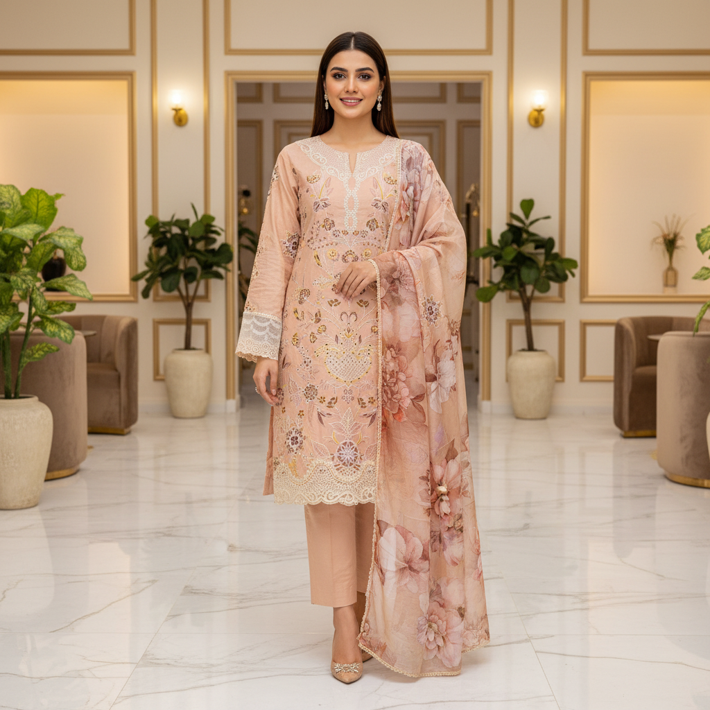 QMR Rosé Edit | Designer Peach Cotton Shalwar Kameez | Threadwork & Lace Finish