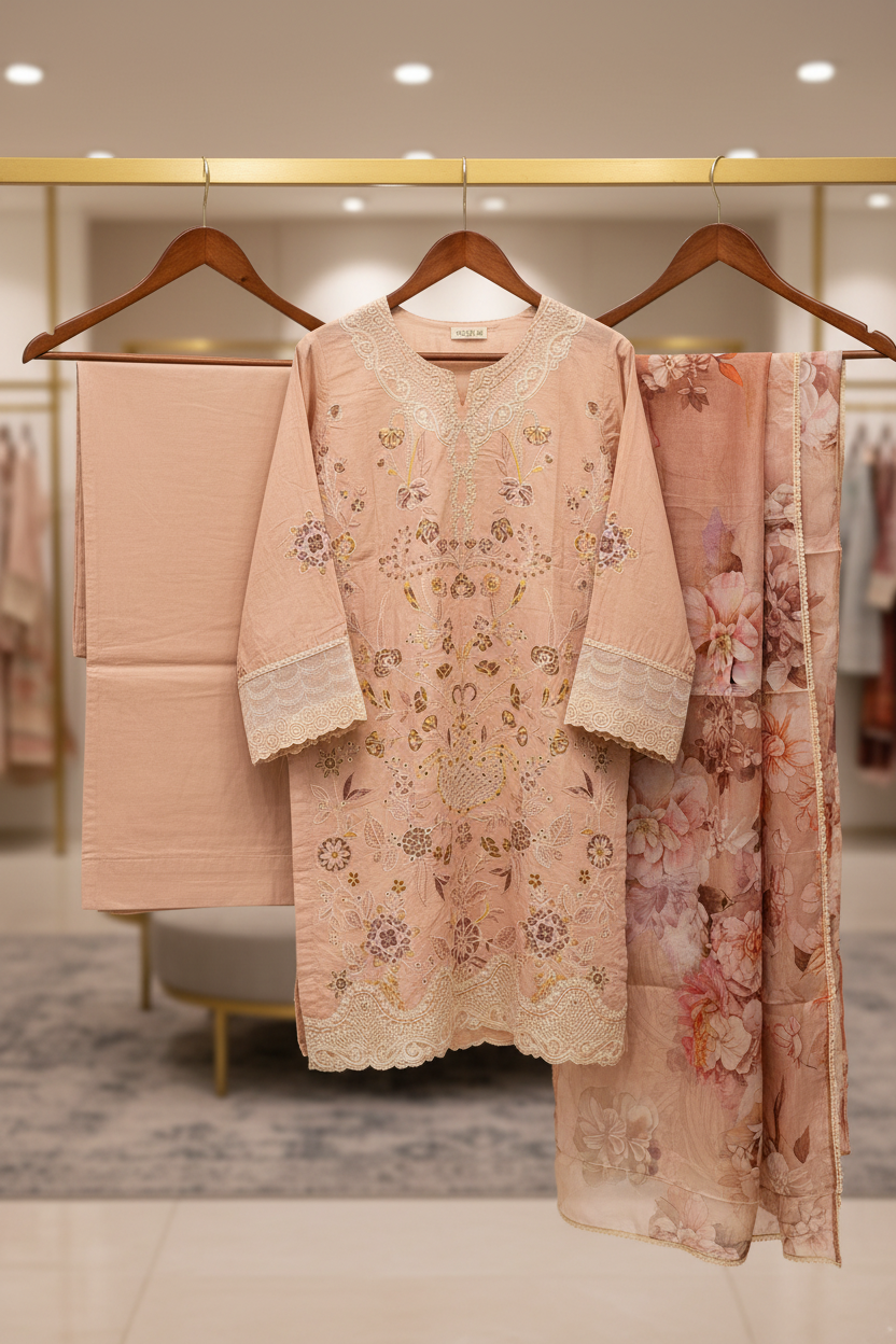 QMR Rosé Edit | Designer Peach Cotton Shalwar Kameez | Threadwork & Lace Finish
