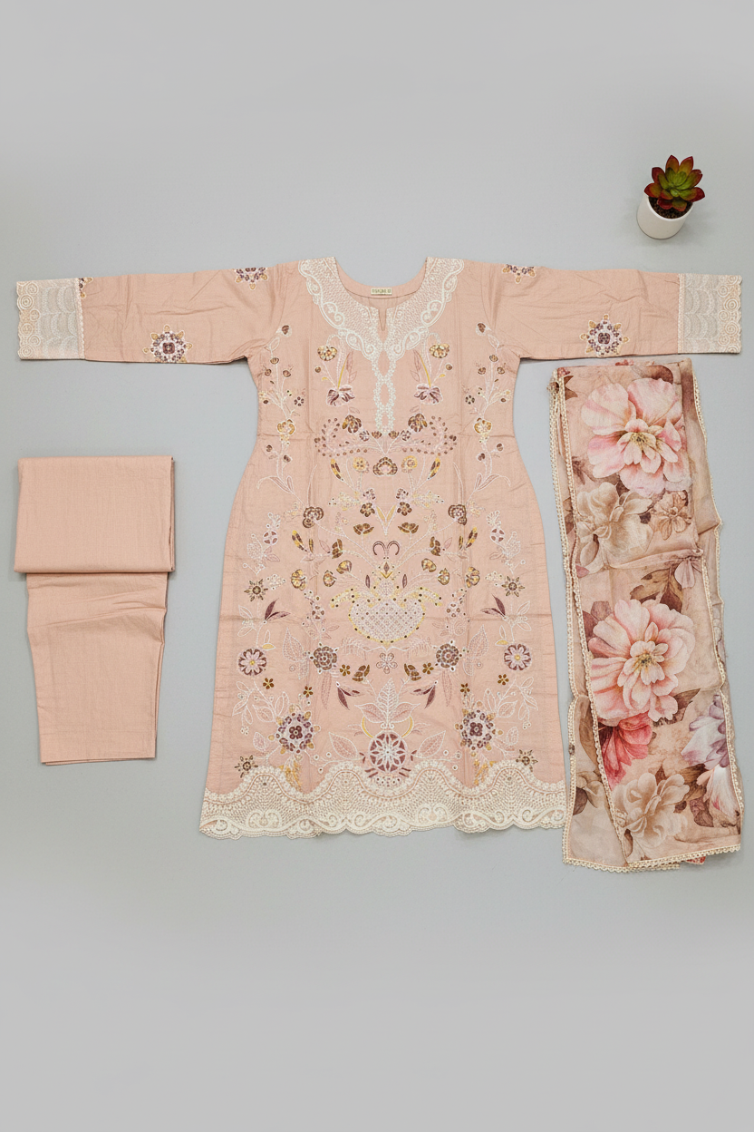 QMR Rosé Edit | Designer Peach Cotton Shalwar Kameez | Threadwork & Lace Finish