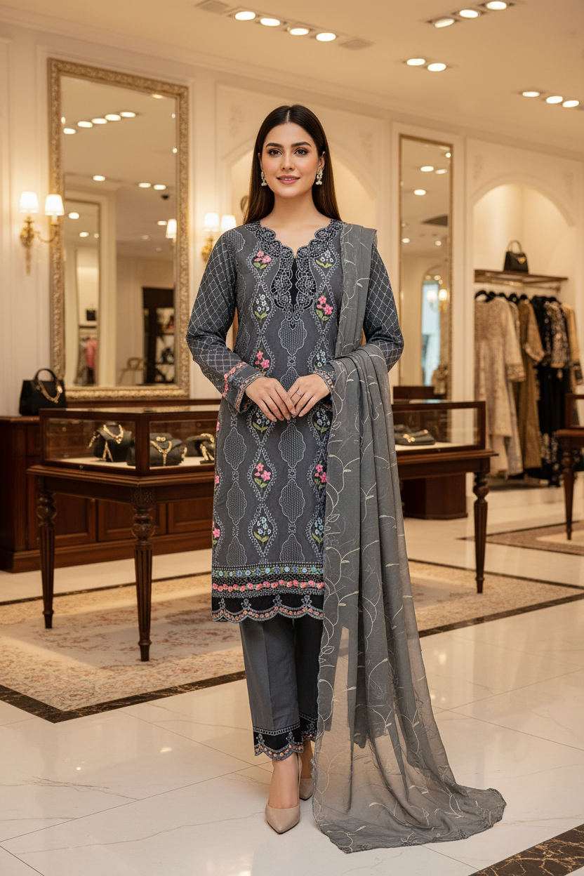 MB Zaraan | Luxury Pakistani Linen Embroidered Shalwar Kameez | Charcoal Grey, Smoky Indigo & Pastel Aqua Green | Schiffli Embroidery & Laser-Cut Craftsmanship | Elegant Occasion Wear