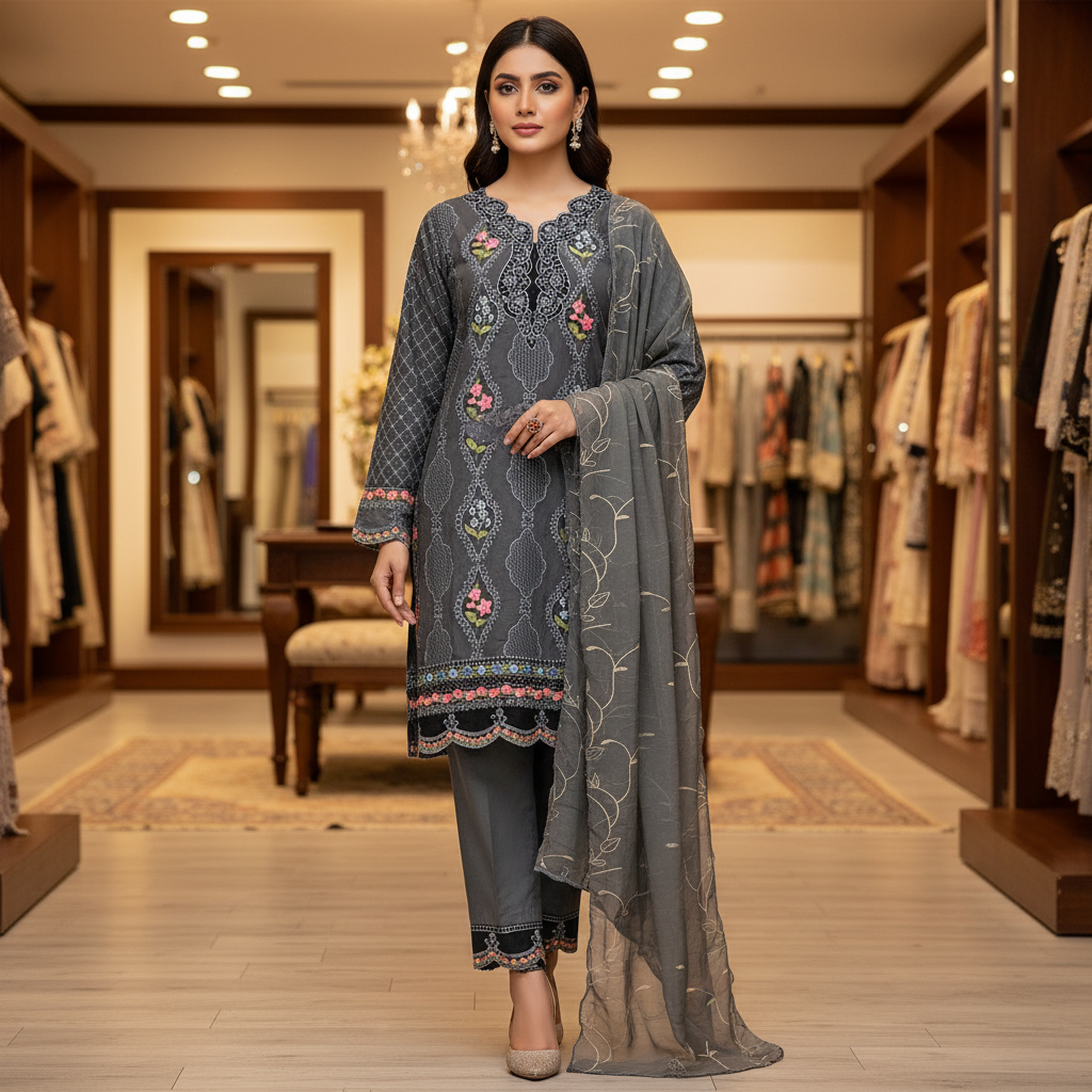 MB Zaraan | Luxury Pakistani Linen Embroidered Shalwar Kameez | Charcoal Grey, Smoky Indigo & Pastel Aqua Green | Schiffli Embroidery & Laser-Cut Craftsmanship | Elegant Occasion Wear
