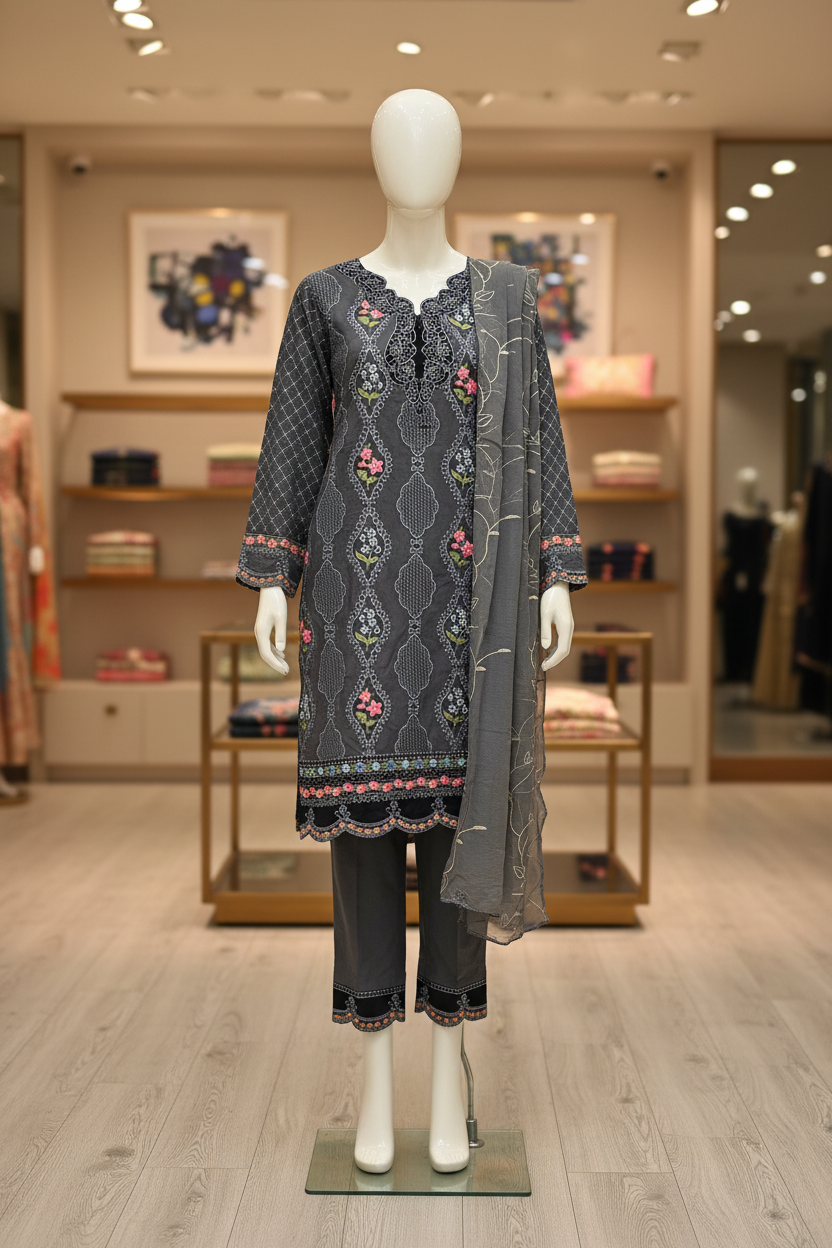 MB Zaraan | Luxury Pakistani Linen Embroidered Shalwar Kameez | Charcoal Grey, Smoky Indigo & Pastel Aqua Green | Schiffli Embroidery & Laser-Cut Craftsmanship | Elegant Occasion Wear