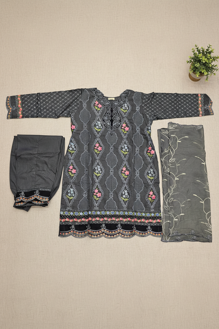 MB Zaraan | Luxury Pakistani Linen Embroidered Shalwar Kameez | Charcoal Grey, Smoky Indigo & Pastel Aqua Green | Schiffli Embroidery & Laser-Cut Craftsmanship | Elegant Occasion Wear