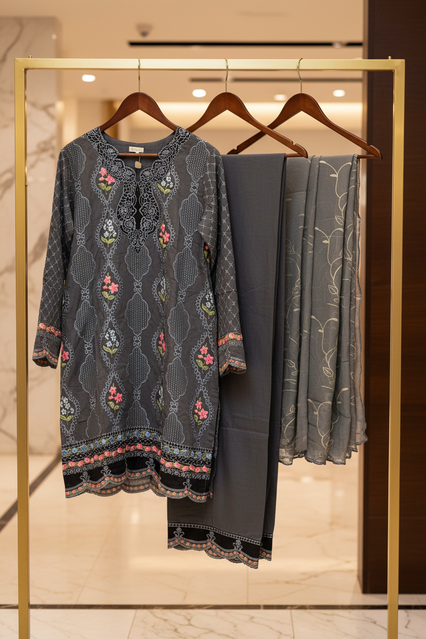 MB Zaraan | Luxury Pakistani Linen Embroidered Shalwar Kameez | Charcoal Grey, Smoky Indigo & Pastel Aqua Green | Schiffli Embroidery & Laser-Cut Craftsmanship | Elegant Occasion Wear