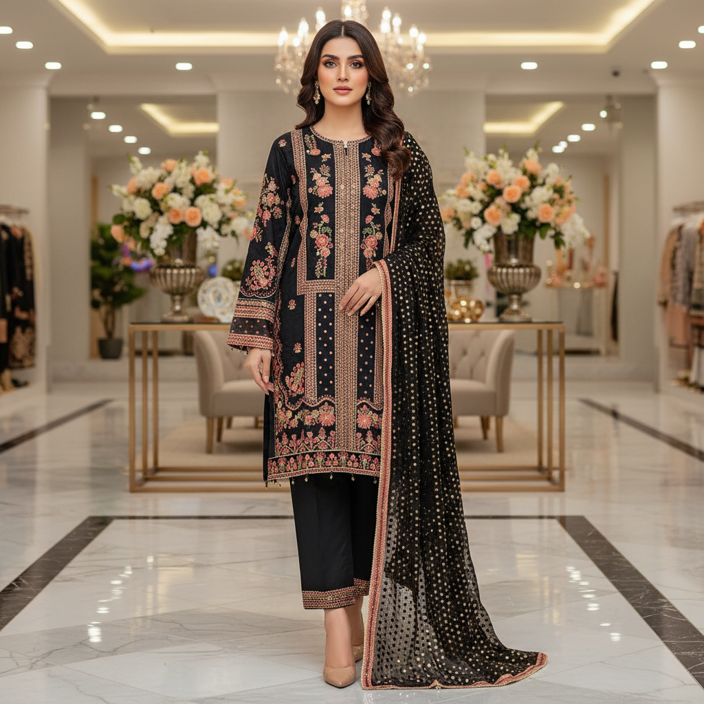 The Black Mughal Edit – Architectural Schiffli Embroidery | Foil Dot Dupatta with Borders | Plain Matching Trousers