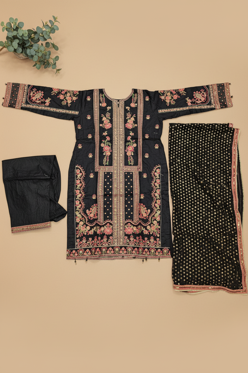 The Black Mughal Edit – Architectural Schiffli Embroidery | Foil Dot Dupatta with Borders | Plain Matching Trousers