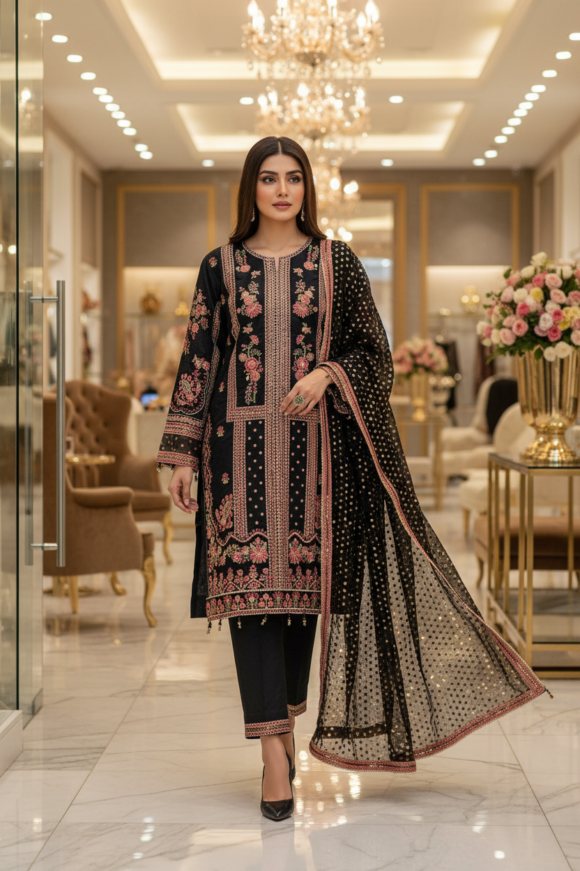 The Black Mughal Edit – Architectural Schiffli Embroidery | Foil Dot Dupatta with Borders | Plain Matching Trousers