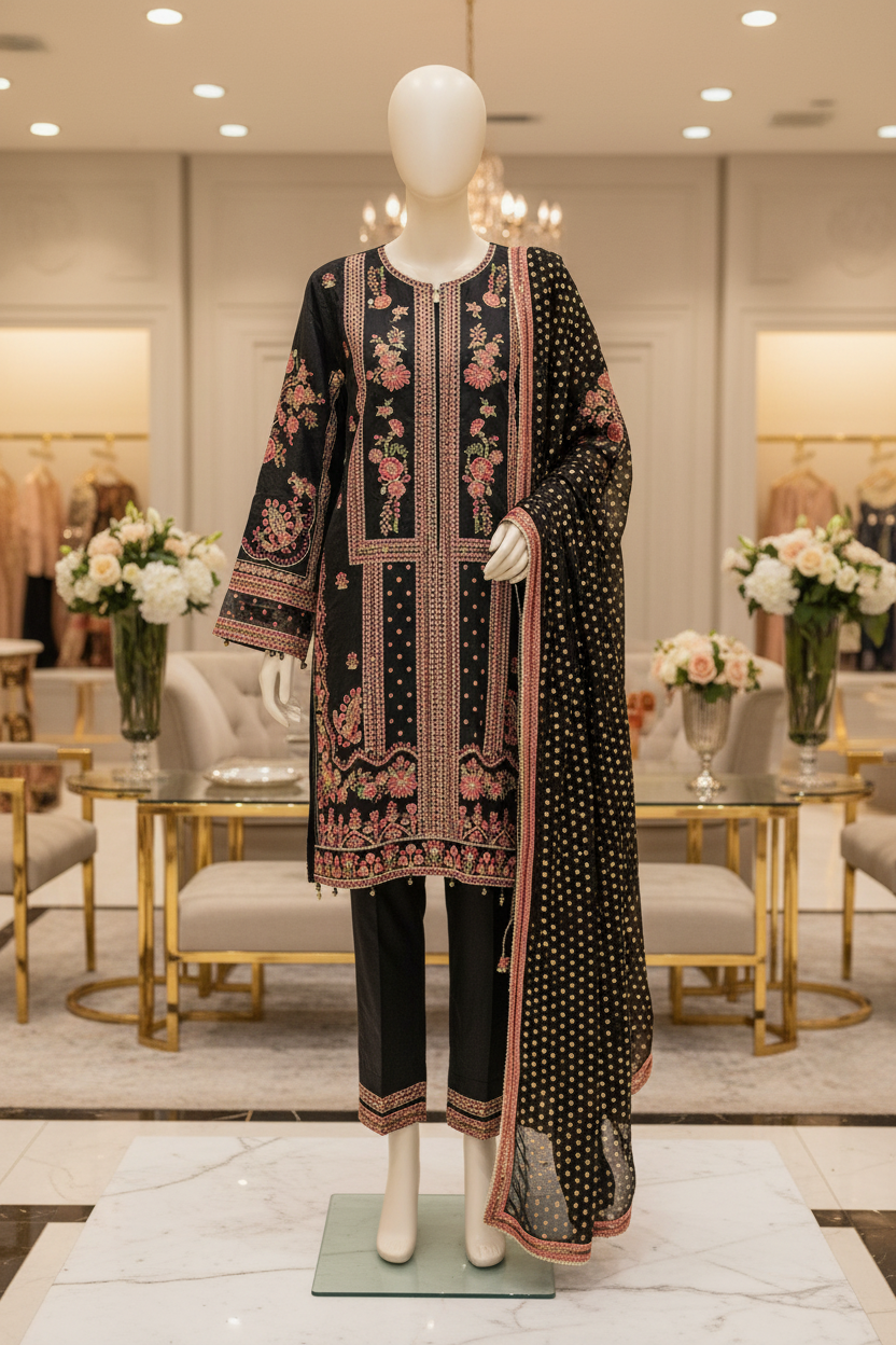 The Black Mughal Edit – Architectural Schiffli Embroidery | Foil Dot Dupatta with Borders | Plain Matching Trousers