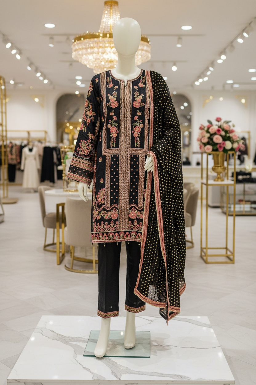 The Black Mughal Edit – Architectural Schiffli Embroidery | Foil Dot Dupatta with Borders | Plain Matching Trousers