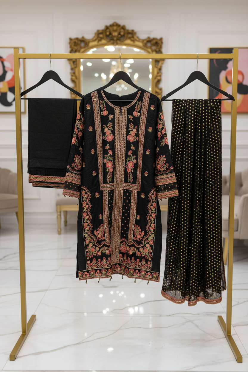The Black Mughal Edit – Architectural Schiffli Embroidery | Foil Dot Dupatta with Borders | Plain Matching Trousers